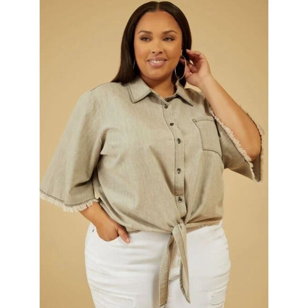 PLUS Size 28W | Tie Front Button Cotton Chambray Shirt Blouse | NEW